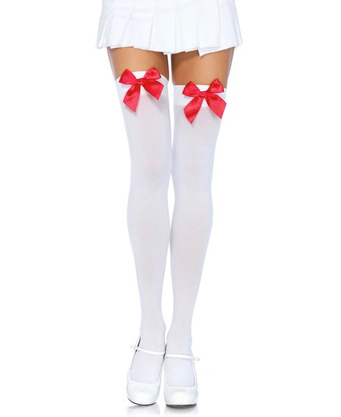 OPAQUE THIGH HIGH SATIN BOW OS WHT/RED
