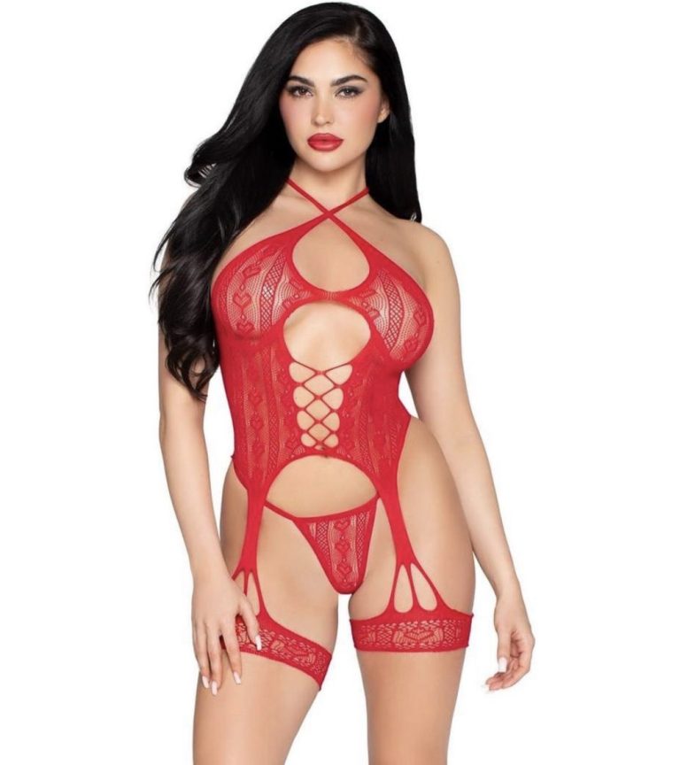 Leg Avenue Heart Halter Cami Garter and G-String Panty (2 Piece) - Red - O/S